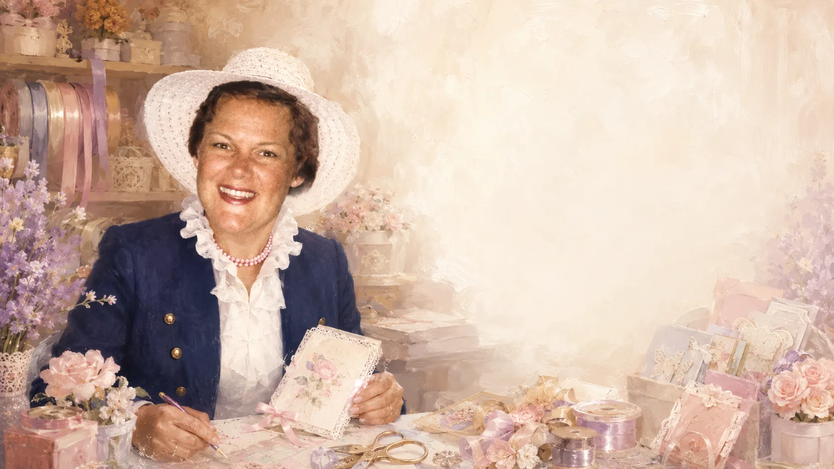 Pam Elcik surrounded by cheerful craft materials in a bright creative studio